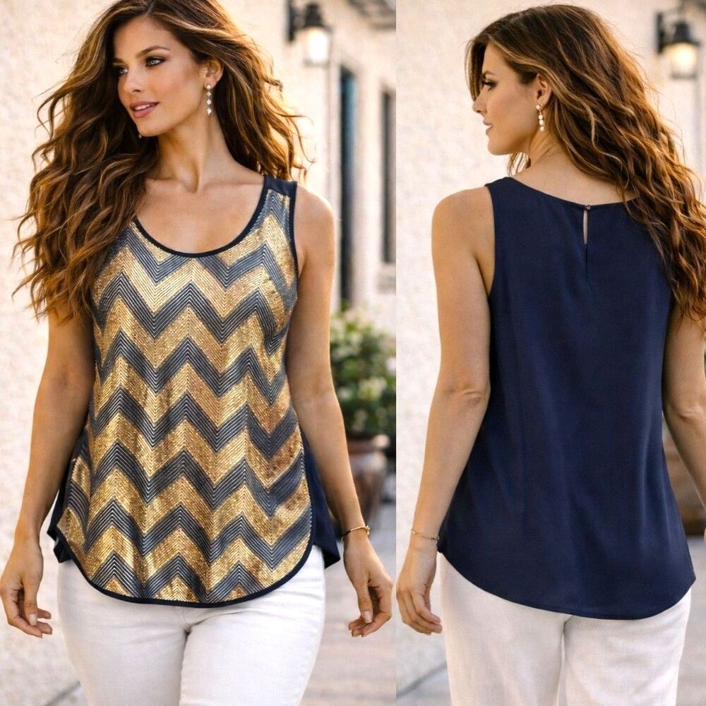 J Crew Sz 2 Shimmer Gold Navy Modern Glam Lightweight Chevron Metallic Top Chic